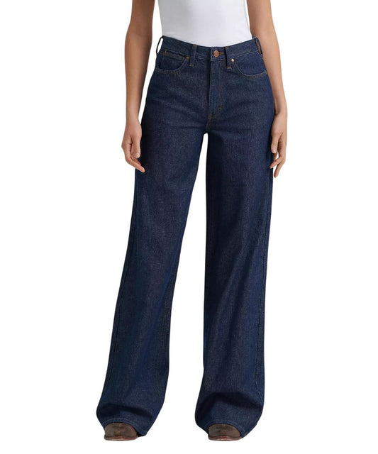 Front view of the women's retro bailey high rise wide leg remy jean featuring the super high rise and dark wash