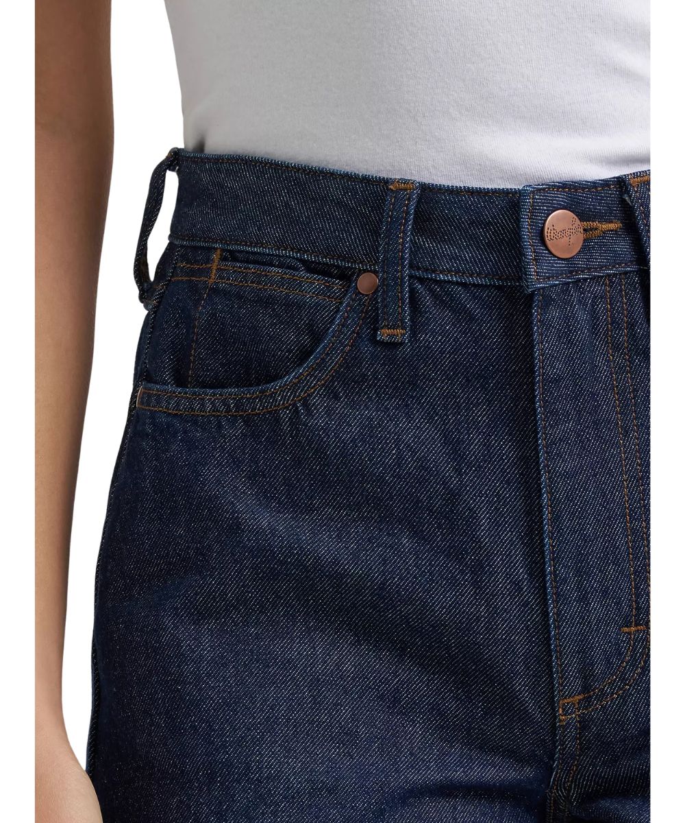 Close-up view of the front pockets, relaxed fit, and the super high rise