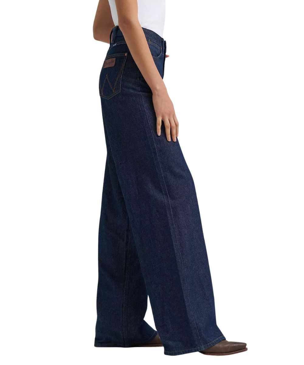 Side view of the women's retro bailey remy wide leg jean featuring the finished hem