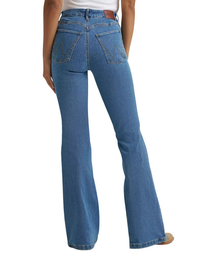 Back view of the women's light wash fashion jean featuring a high rise and two back pockets