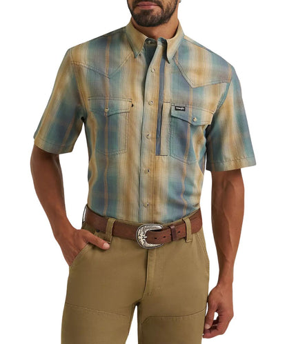 Front view of the men's short sleeve snap shirt featuring a blue/brown turbulence ombre plaid print