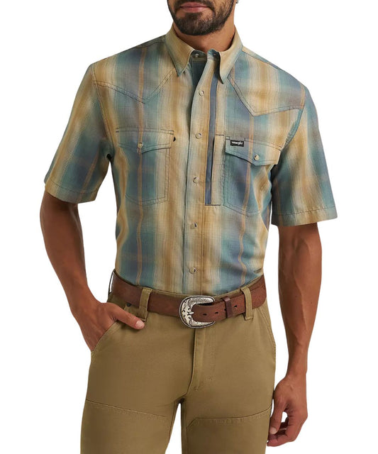 Front view of the men's short sleeve snap shirt featuring a blue/brown turbulence ombre plaid print