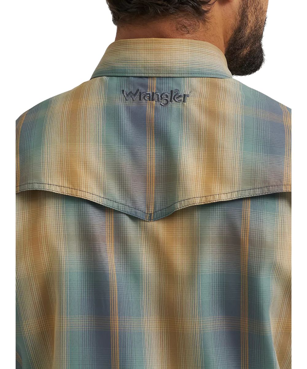 Close-up view of the vented back yoke and back yoke logo embroidery