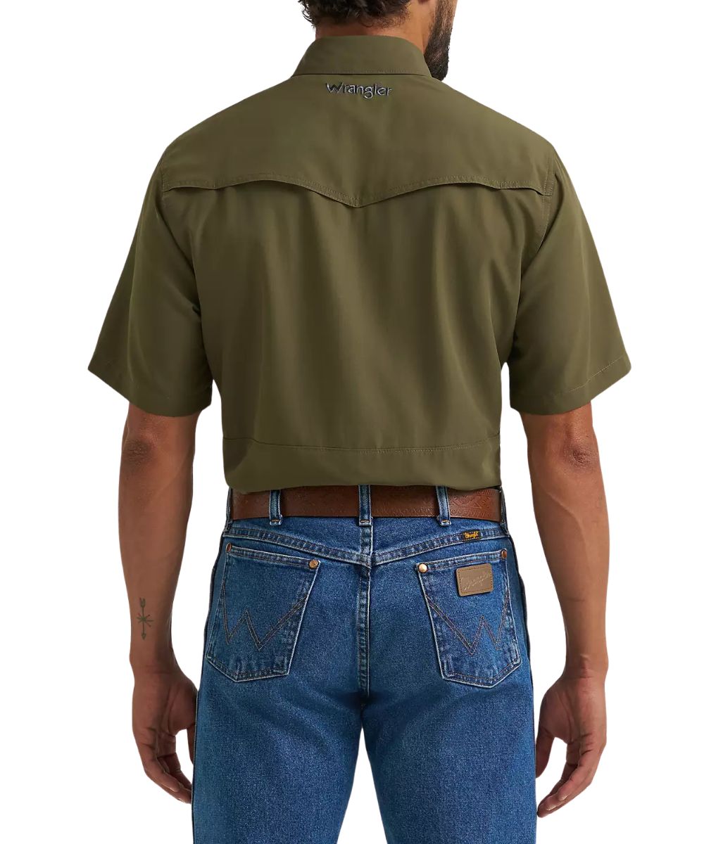 Back view of the men's short sleeve snap shirt in solid olive featuring the vented back yoke with mesh lining and relaxed fit