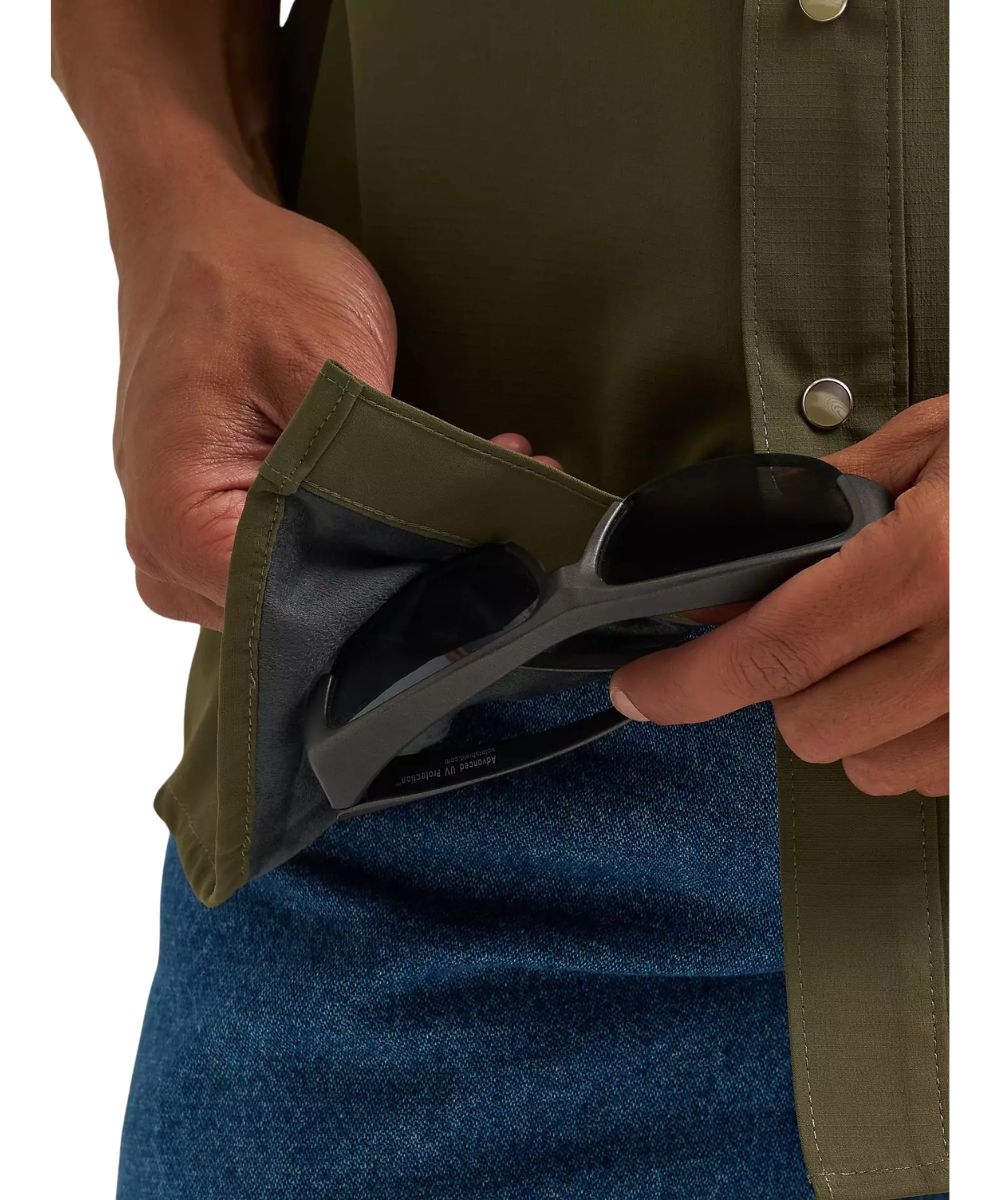 Close-up view of the microfiber lens cloth hidden in the hem for on-the-go cleaning