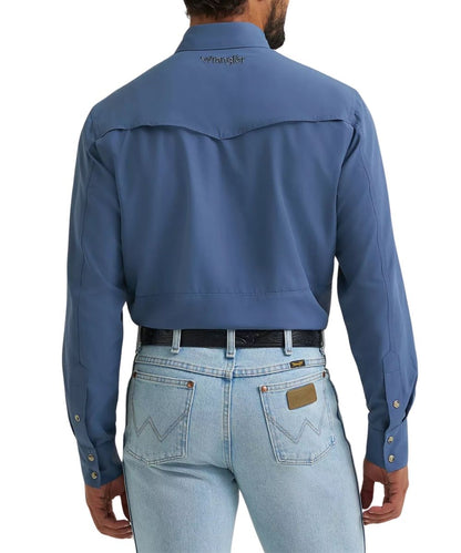 Back view of the men's long sleeve relaxed fit vintage indigo snap shirt featuring the vented back yoke with mesh lining