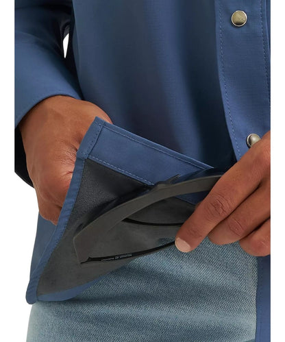 Close-up view of the microfiber lens cloth hidden in the hem for on-the-go cleaning