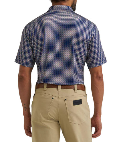 Back view of the men's short sleeve polo shirt featuring the blue diamond geometric print