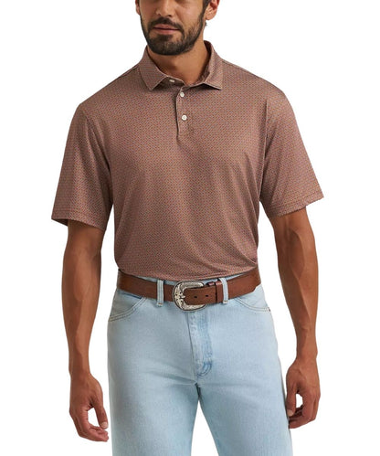 A man wearing a brown short-sleeve polo shirt with a fine geometric pattern, paired with light blue jeans and a brown belt, shown from the waist up against a white background.