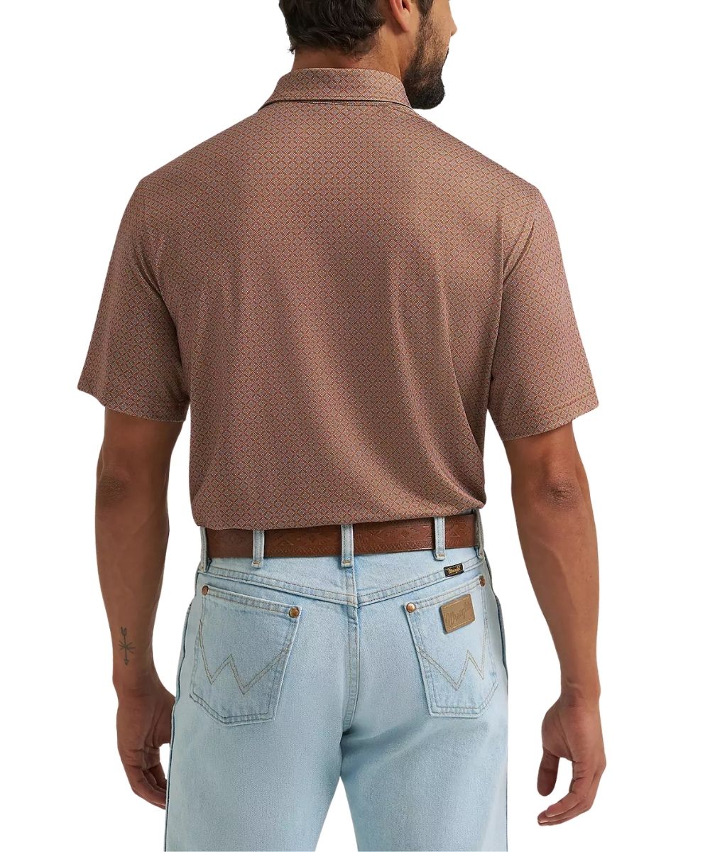 A man viewed from the back wearing a short-sleeve brown polo shirt with a fine micro-pattern, tucked into light-wash blue jeans with a brown belt.