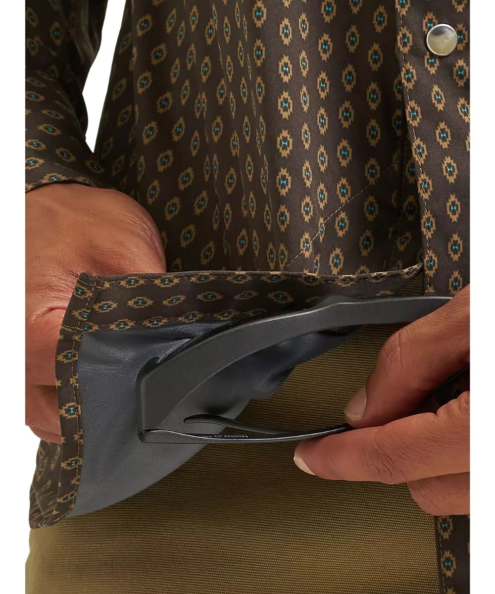 Close-up view of the microfiber lens cloth hidden in the hem for on-the-go cleaning