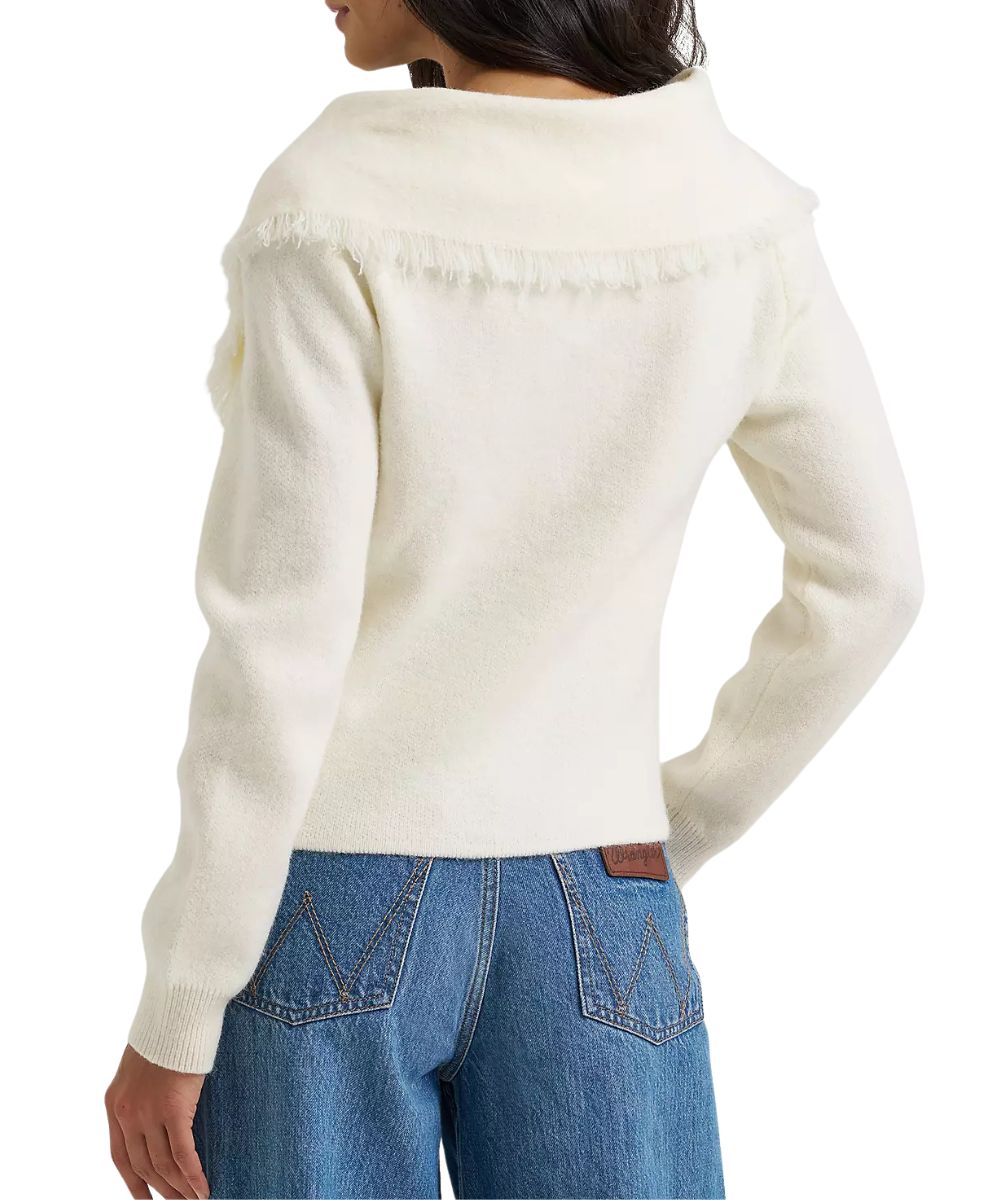 Back view of the women's white cardigan featuring the bold collar with fringe trim
