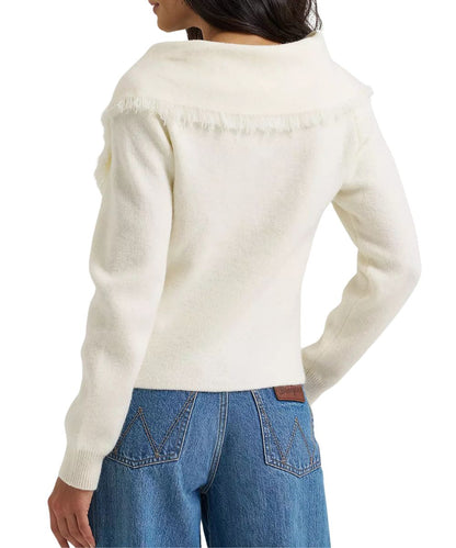 Back view of the women's white cardigan featuring the bold collar with fringe trim