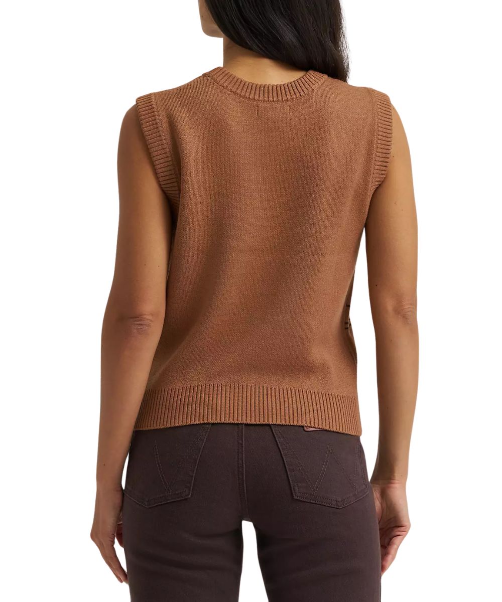 Back view of the women's brown sweater vest featuring the plain back and ribbed trim