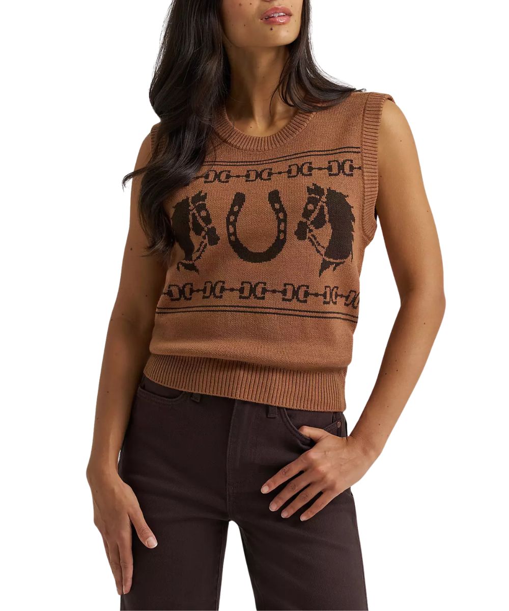 Front view of the women's brown sweater vest featuring knit-in horse and horseshoe motifs