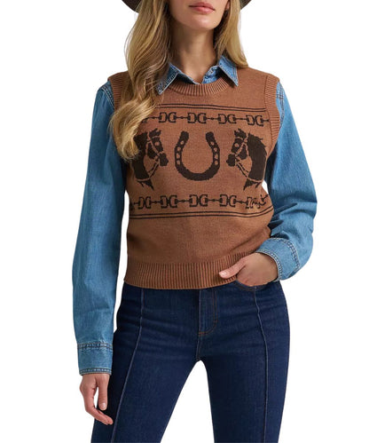 Front view of the women's brown sweater vest featuring the layered wear view