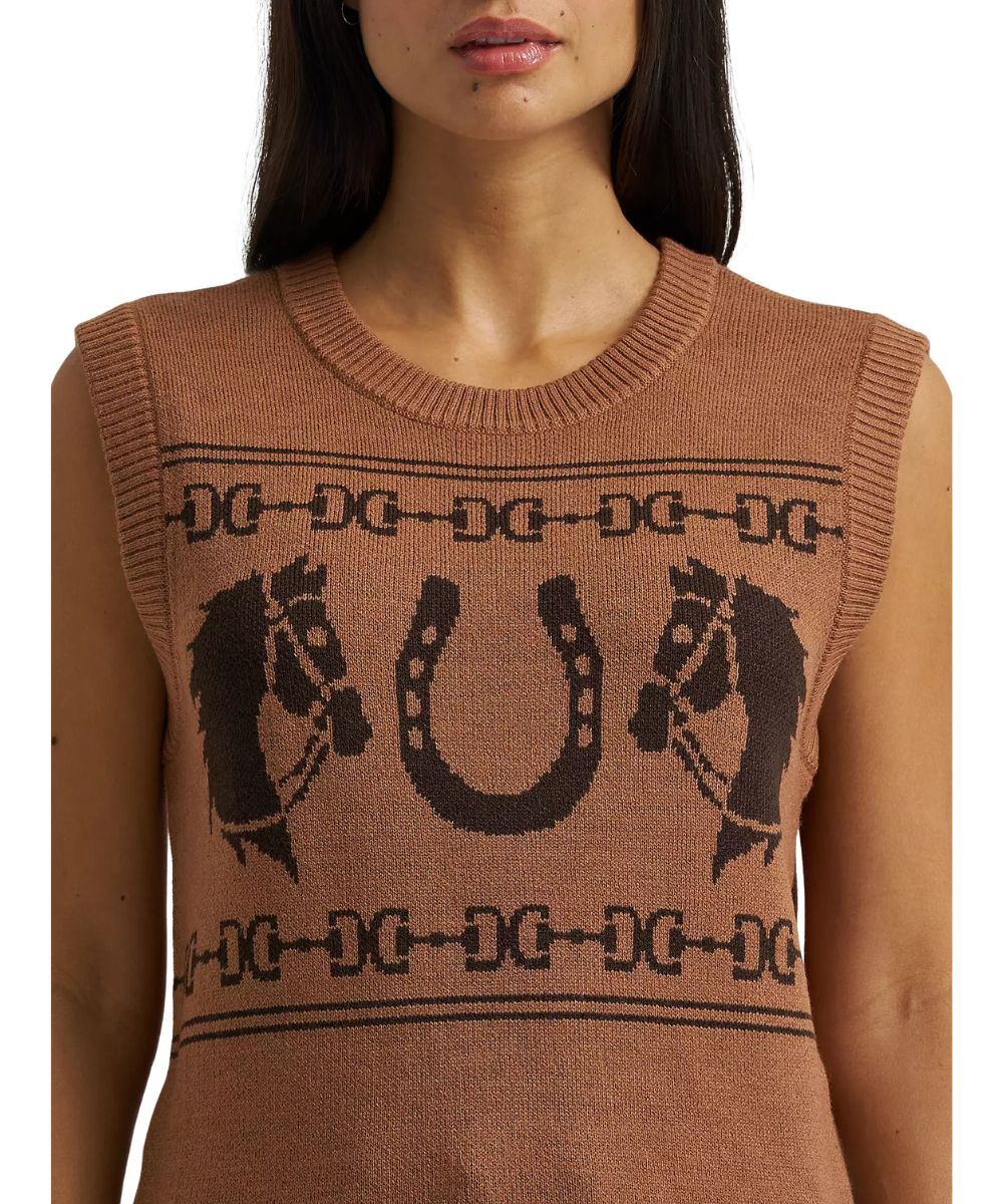 Close-up view of the horse, bits, and horseshoe knit-in motifs