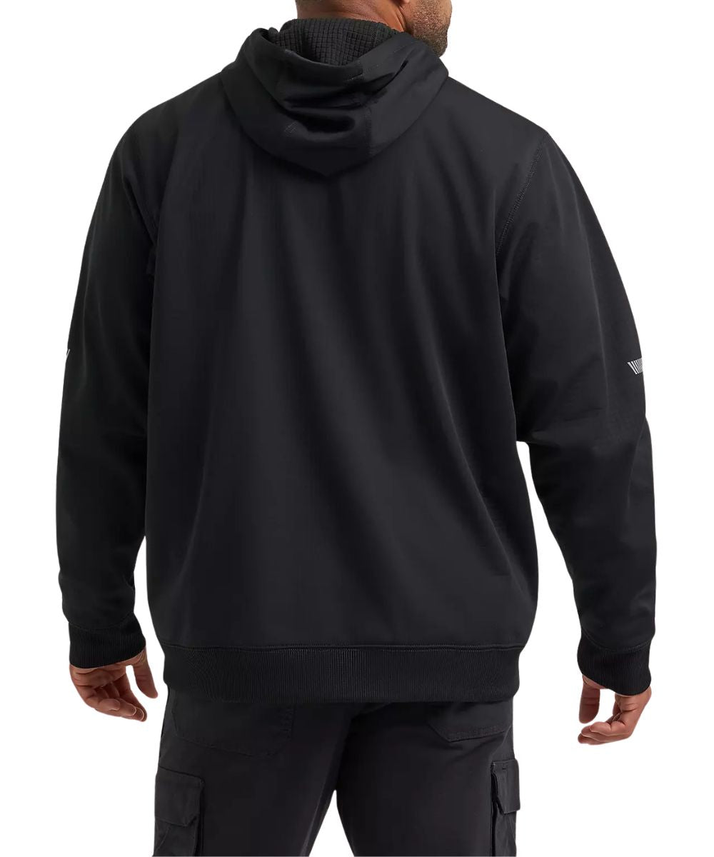 Back view of the men's jet black work jacket featuring a hooded collar