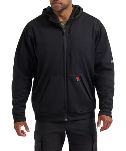 Front view of the men's jet black hooded zip work jacket featuring reflective accentfs for added safety