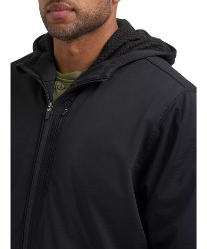 Close-up view of the solid pattern on the jet black jacket