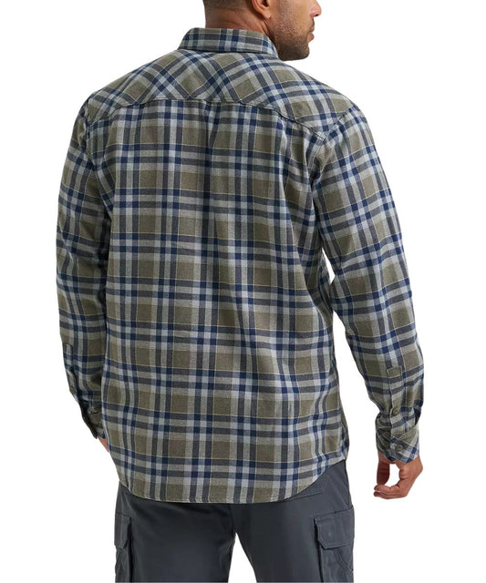 A man wearing a long-sleeve plaid button-down shirt, shown from the back. The shirt features a pattern of olive green, beige, and navy blue.