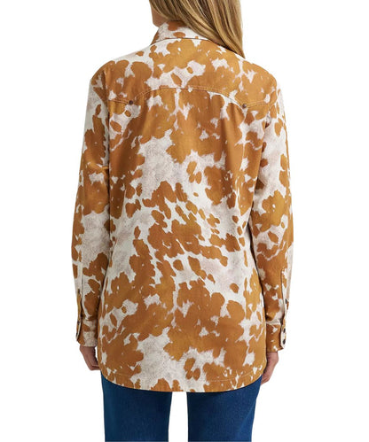 Back view of the women's long sleeve button down shirt featuring the oversized boyfriend fit and the double pointed back yoke