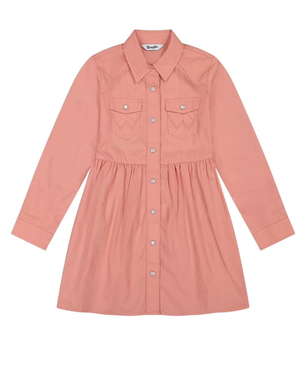 A dusty pink long-sleeve shirt dress with a pointed collar, button-down front, and two chest flap pockets, shown flat on a white background.