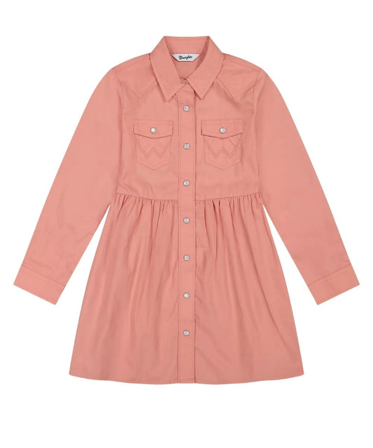 A dusty pink long-sleeve shirt dress with a pointed collar, button-down front, and two chest flap pockets, shown flat on a white background.