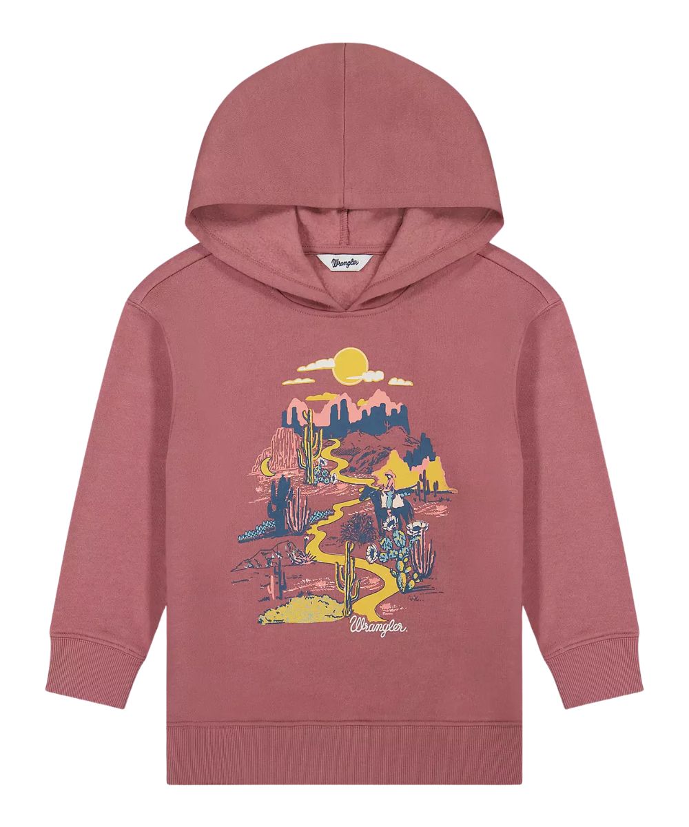 Child's dusty rose pink hooded sweatshirt featuring a colorful 'Desert Dream' graphic print on the front with a yellow sun, mountains, and cacti, shown against a plain white background.