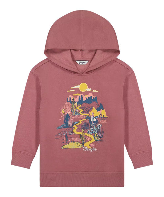 Child's dusty rose pink hooded sweatshirt featuring a colorful 'Desert Dream' graphic print on the front with a yellow sun, mountains, and cacti, shown against a plain white background.