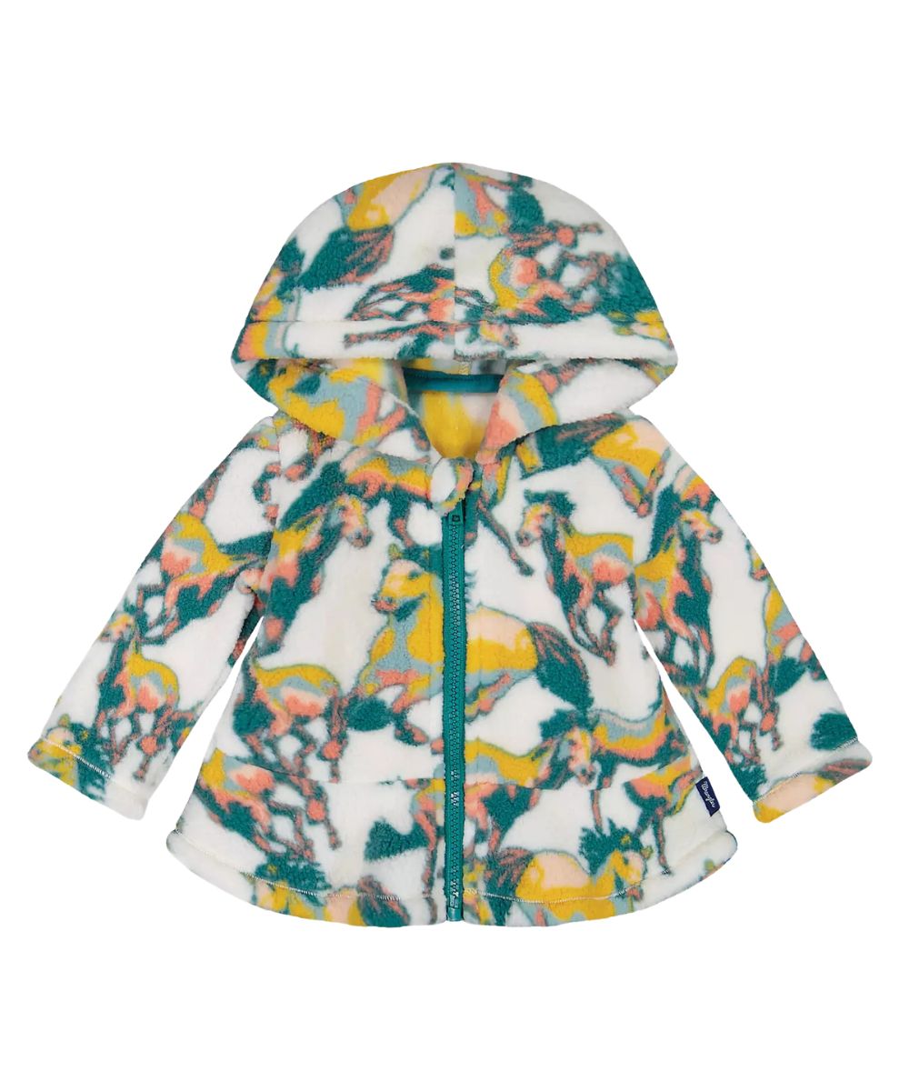 Flat view of the little girl's Wrangler White Sherpa Full Zip Ruffle Hem Peplum Jacket featuring the hooded collar and running horses print