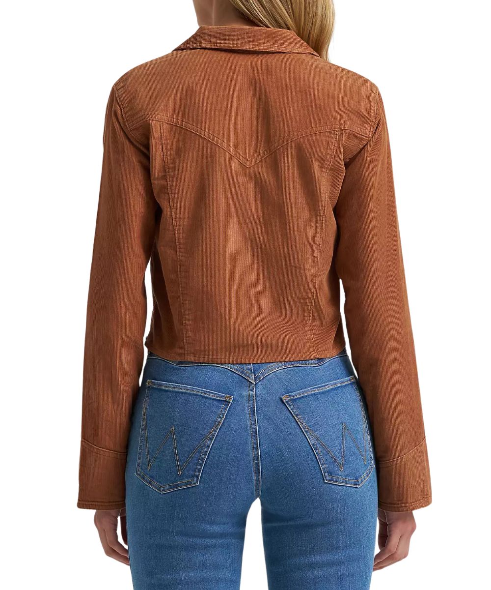 Back view of the women's brown corduroy long sleeve popover shirt featuring the seam detailing and single point western yokes