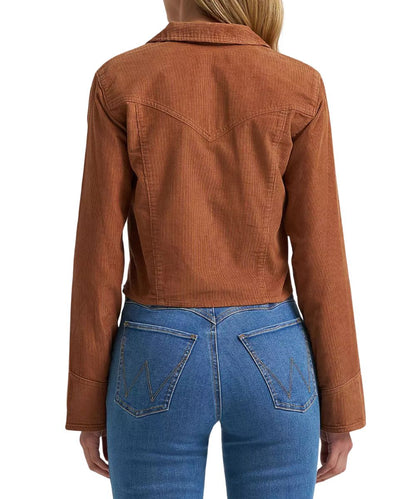 Back view of the women's brown corduroy long sleeve popover shirt featuring the seam detailing and single point western yokes