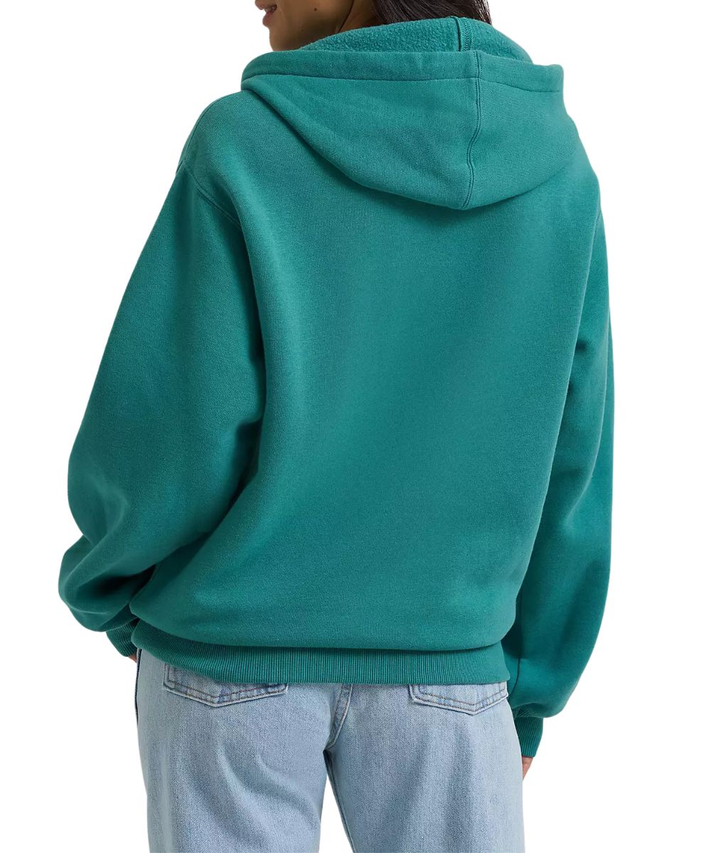 Back view of the women's teal logo hoodie featuring the ribbed cuffs and waistband, and the solid teal back
