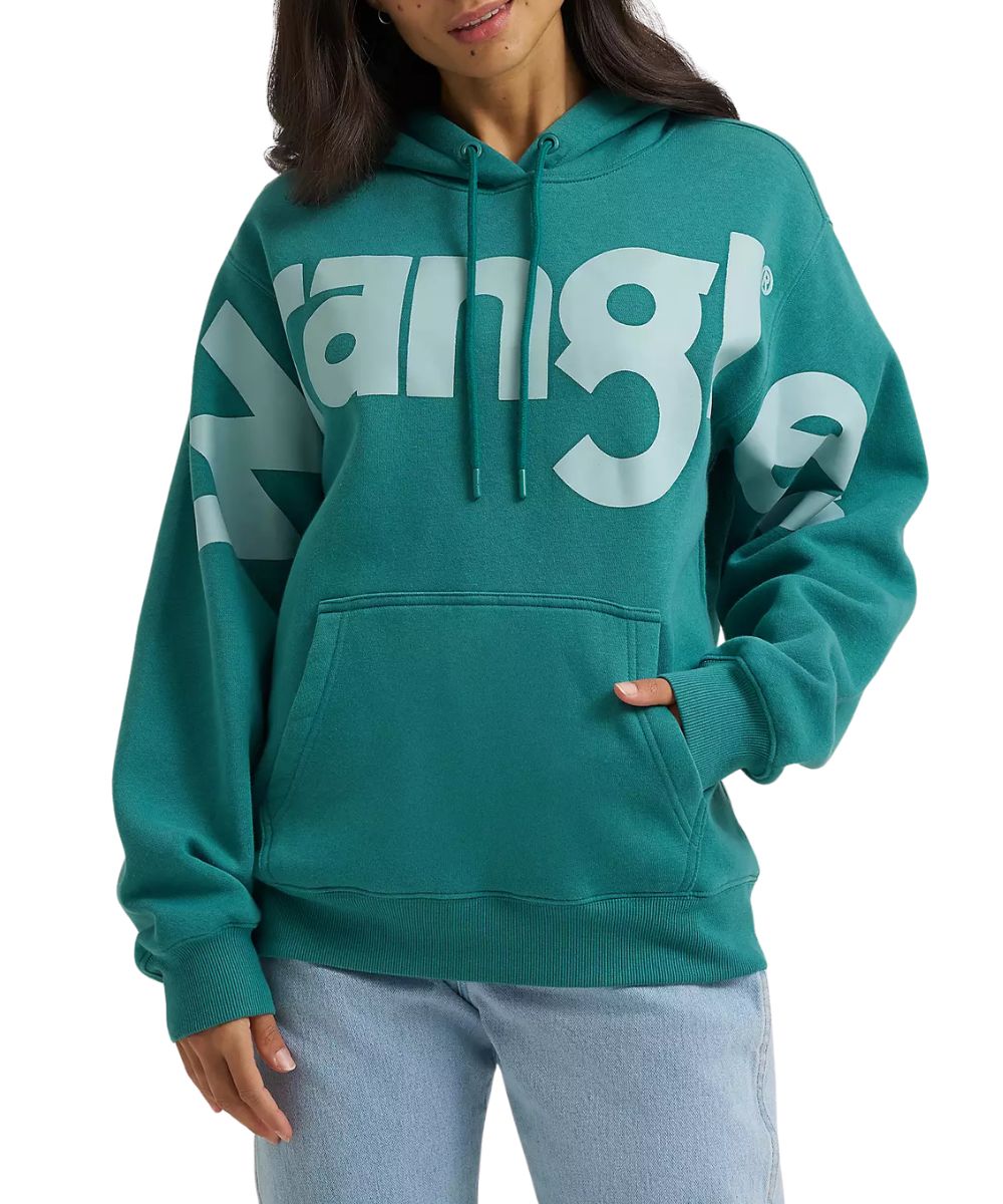 Front view of the women's Wrangler Wide Open Spaces Logo Hoodie in Teal Dream
