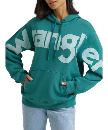 Front view of the Wrangler logo screen printed on the women's teal hoodie featuring the kangaroo pocket, logo screen printed across the chest/arms, dropped shoulders, and hooded collar with drawstring