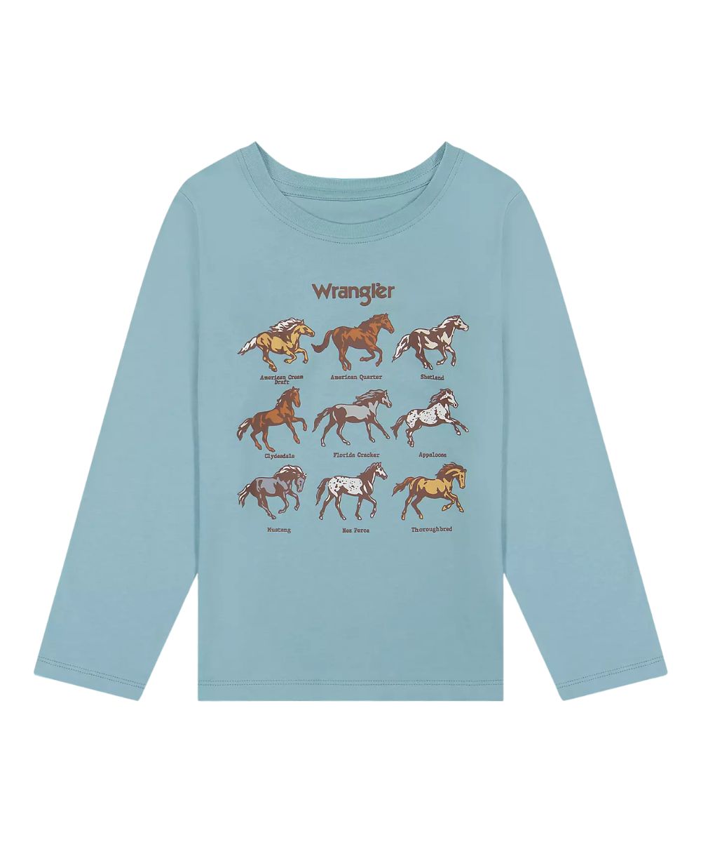 A light blue long-sleeve t-shirt featuring a graphic print of the Wrangler horse lineup on the front, displayed against a solid white background.