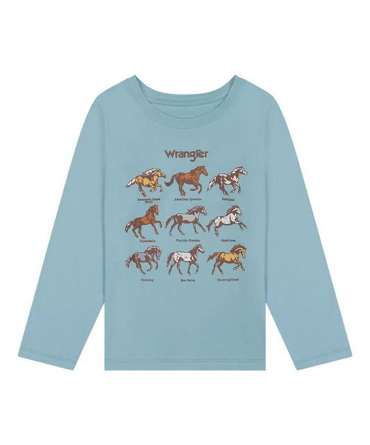 A light blue long-sleeve t-shirt featuring a graphic print of the Wrangler horse lineup on the front, displayed against a solid white background.