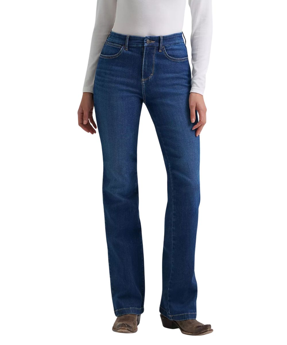 Front view of the women's high rise boot cut jean in a dark wash