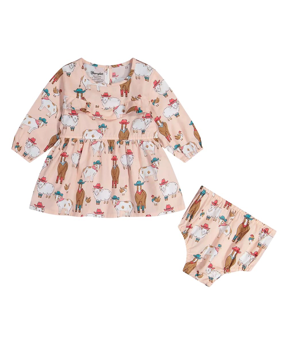 Flat view of the little girl's long sleeve pink dress featuring the animals with hats print
