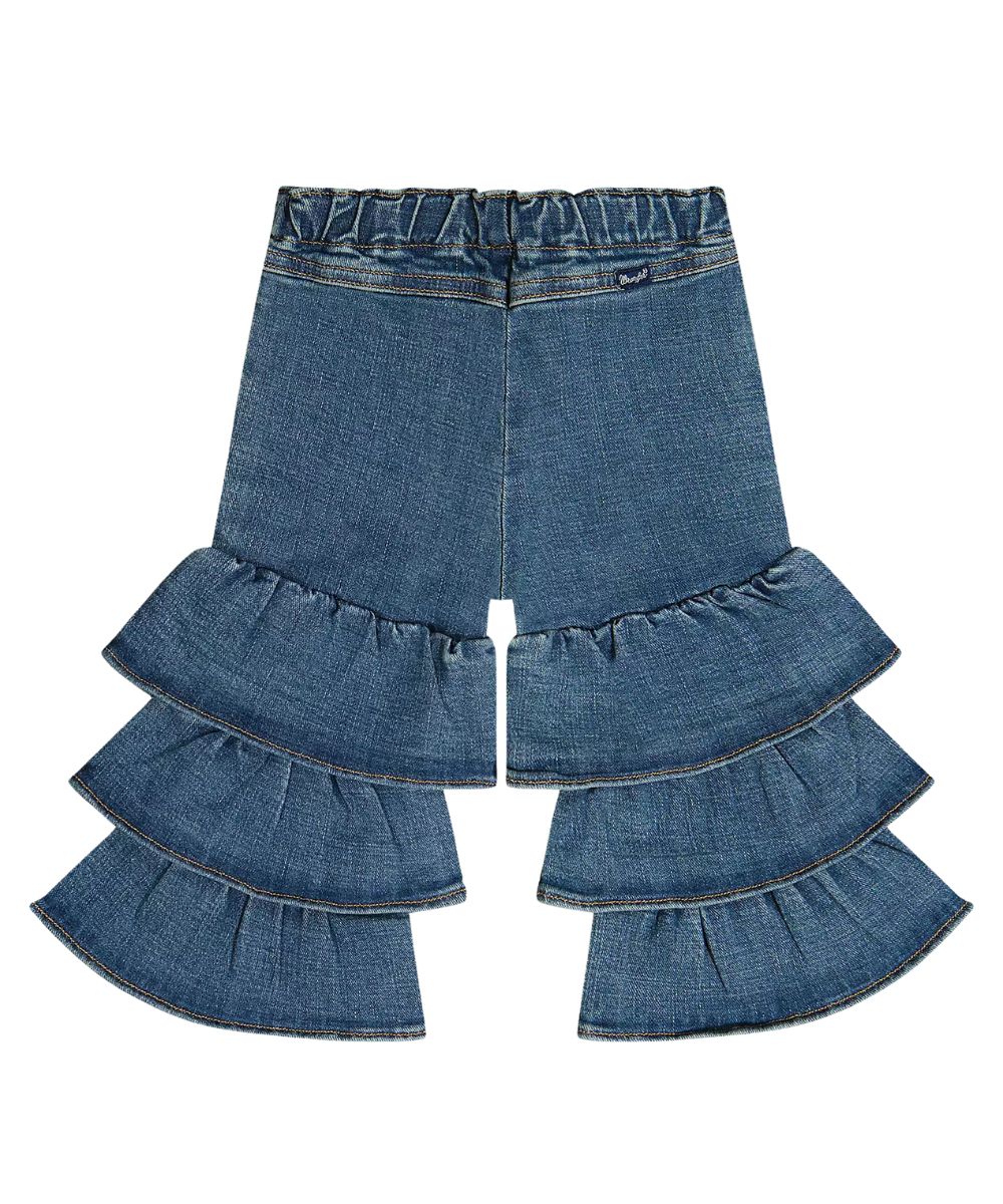 Back view of the baby girl's tiered flare jean featuring the elastic waistband and tiered ruffle flare leg