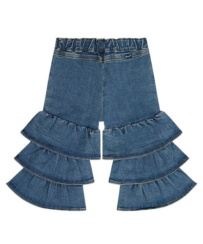 Back view of the baby girl's tiered flare jean featuring the elastic waistband and tiered ruffle flare leg