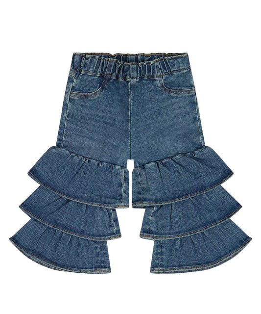 Front view of the baby girl's tiered flare jean featuring the elastic waistband and faux front pockets