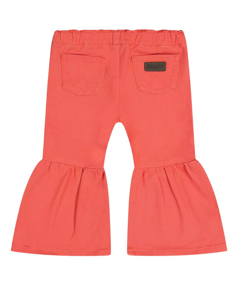 Back view of the little girl's ruffle flare jean featuring an elastic waistband
