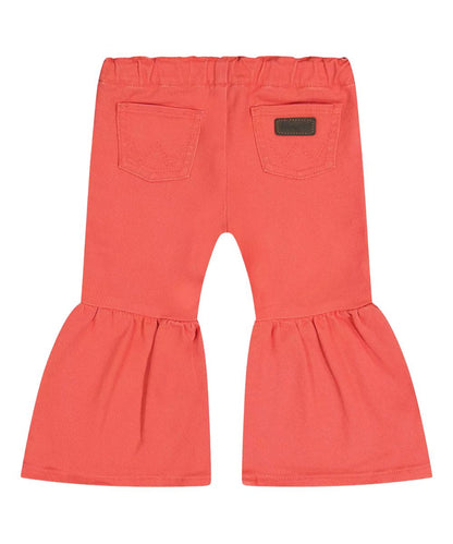 Back view of the little girl's ruffle flare jean featuring an elastic waistband