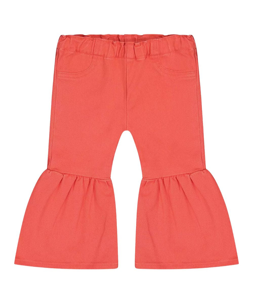 Front view of the infant and toddler girl's pink ruffle flare jean