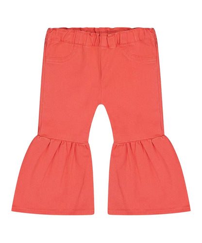 Front view of the infant and toddler girl's pink ruffle flare jean