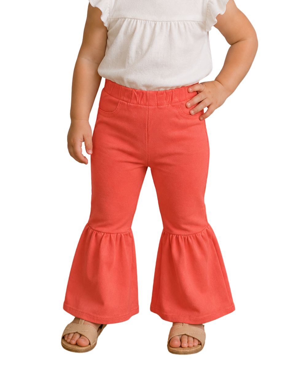 Model view of the infant/toddler girl's ruffle flare jean in pink