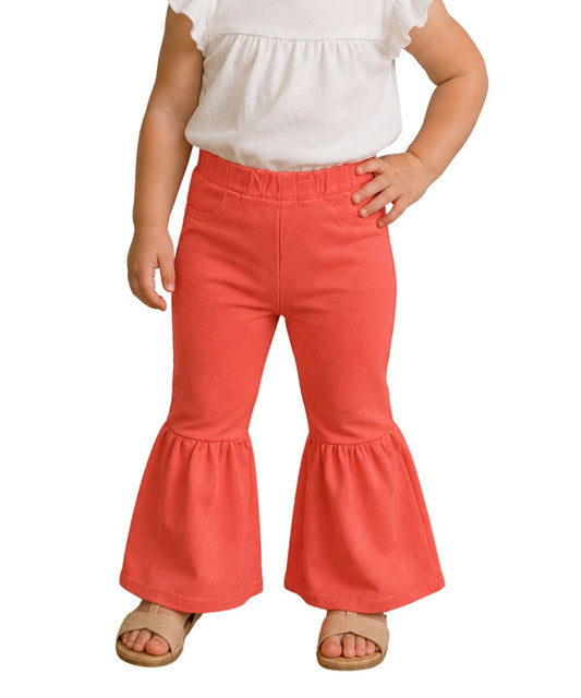 Model view of the infant/toddler girl's ruffle flare jean in pink