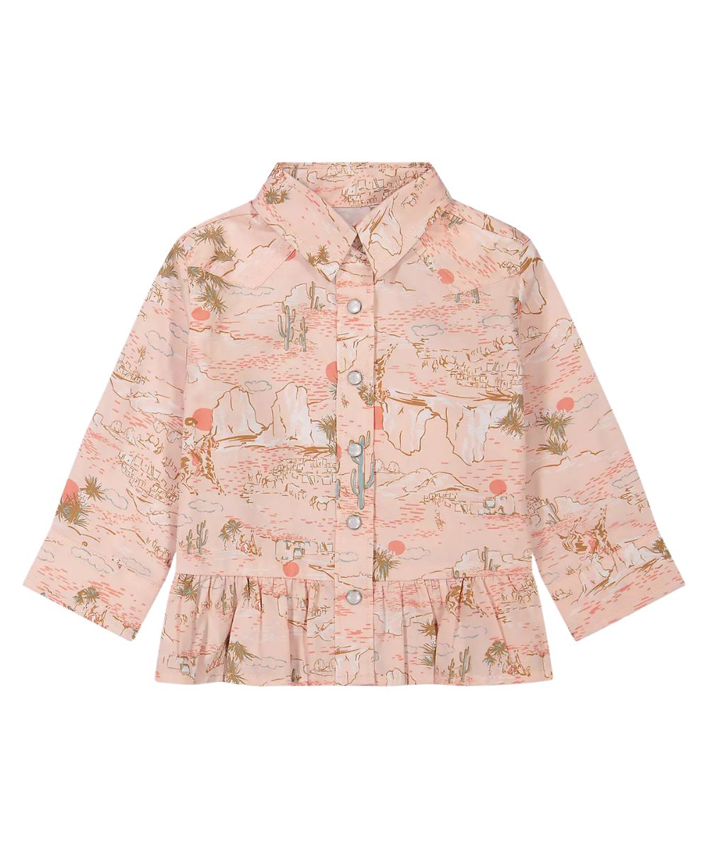 Flat view of the girl's Wrangler Long Sleeve Pink Desert Print Ruffle Hem Snap Shirt 